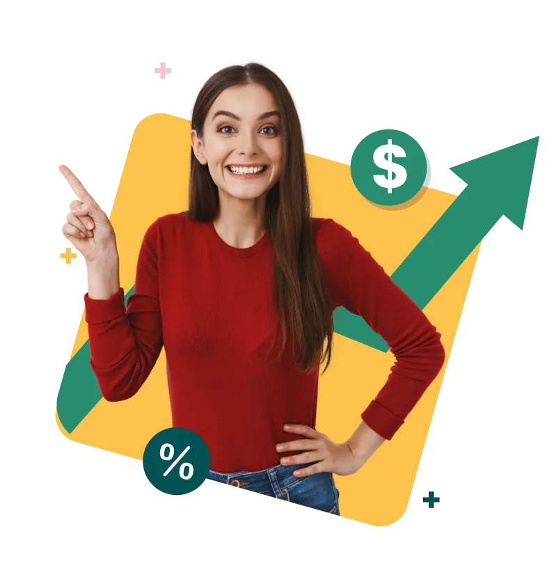 Mujer señalando con iconos de porcentaje y dinero al rededor